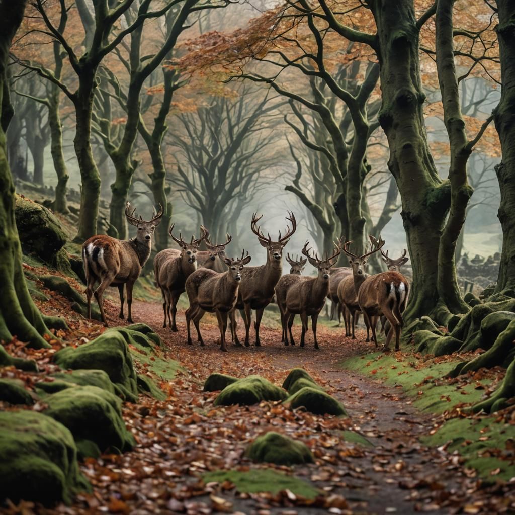 Surreal Deer Herd in Bleak Peak District Scene