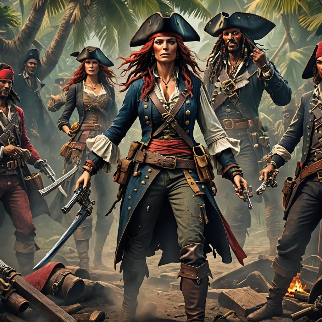 Create a image of Mary Read & Anne Bonny dressed as pirates,...