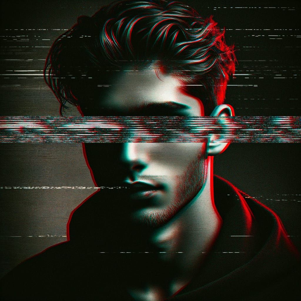 Mysterious Man Portrait with Digital Glitch and Static