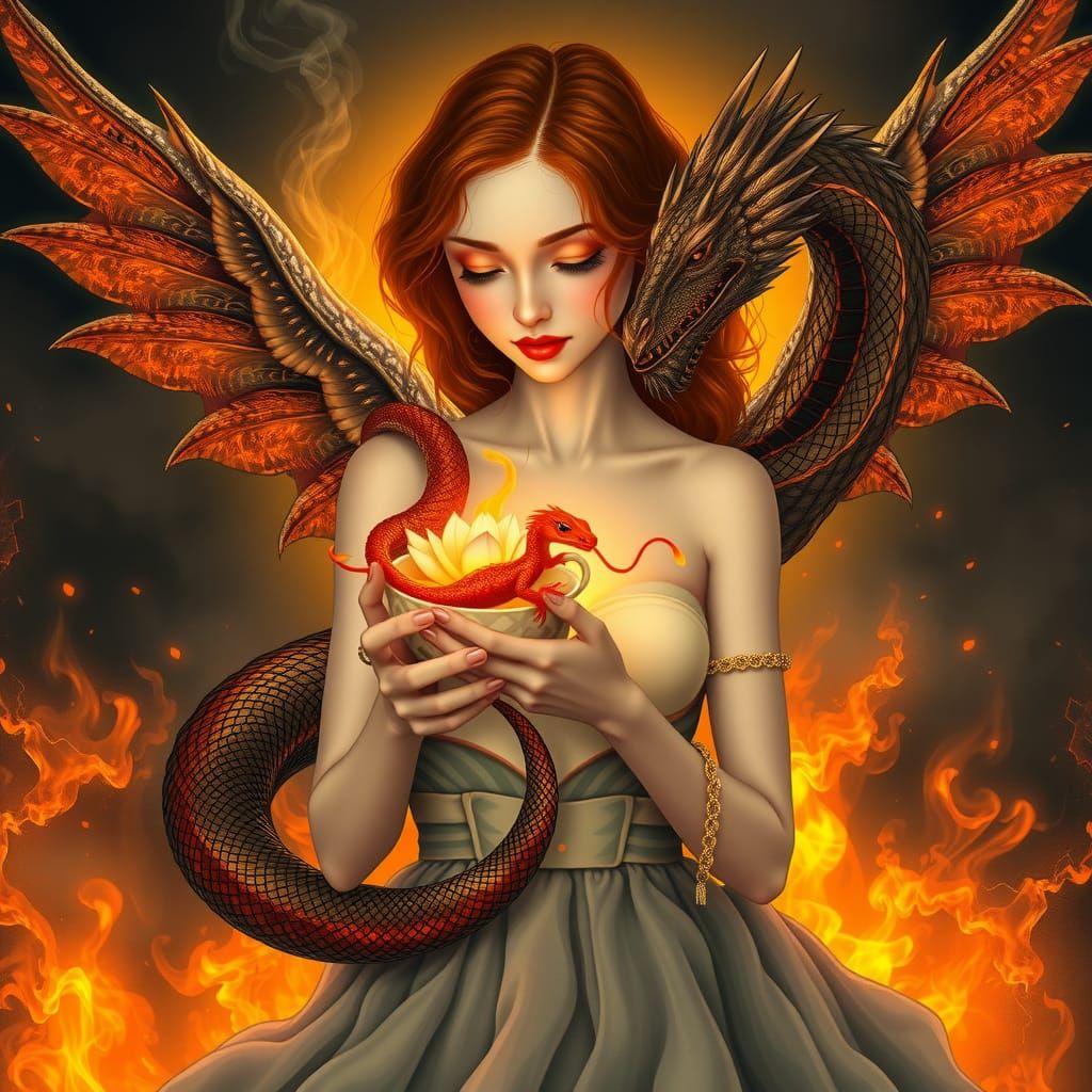 Winged Woman with Fire Dragon in Teacup
