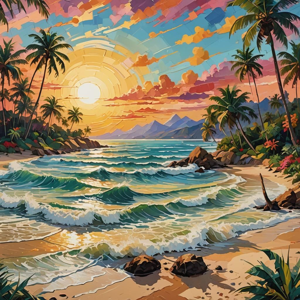 Post-Impressionist Tropical Beach Sunset