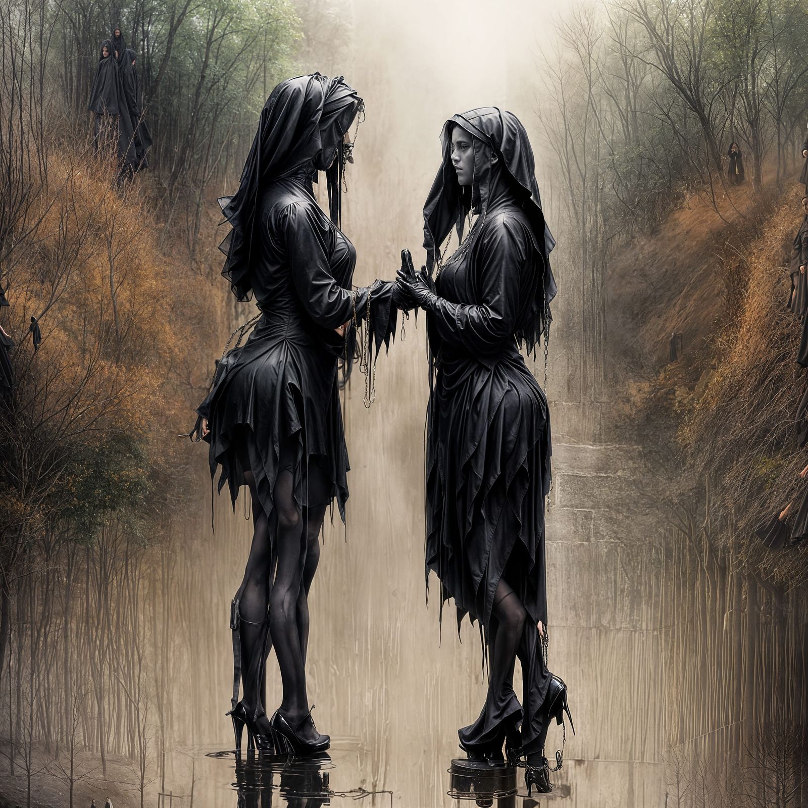 Dark Gothic Nuns Bound to Ancient Stonewall in Elegant Black...