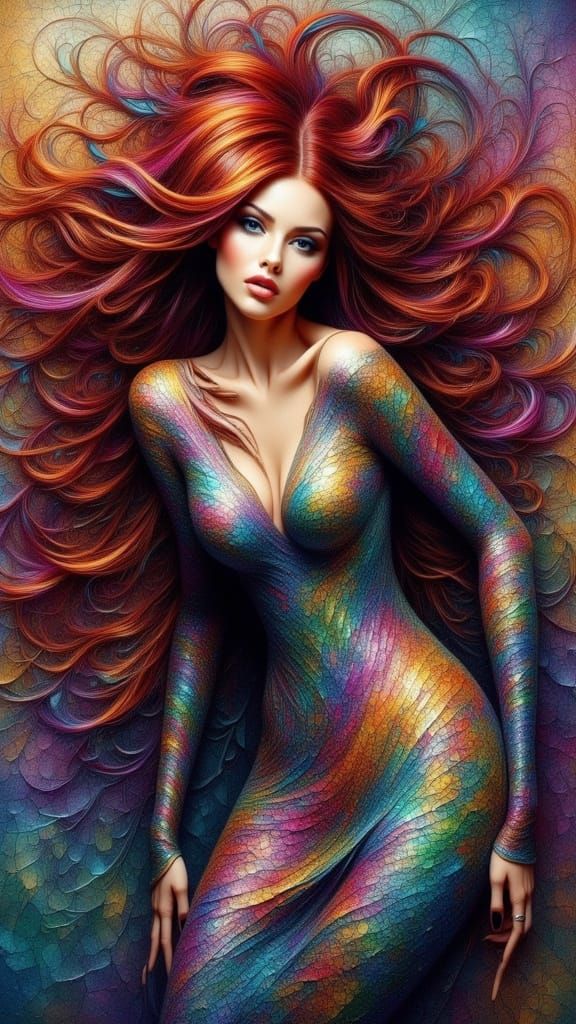 Woman with Flowing Burgundy Hair in Abstract Style