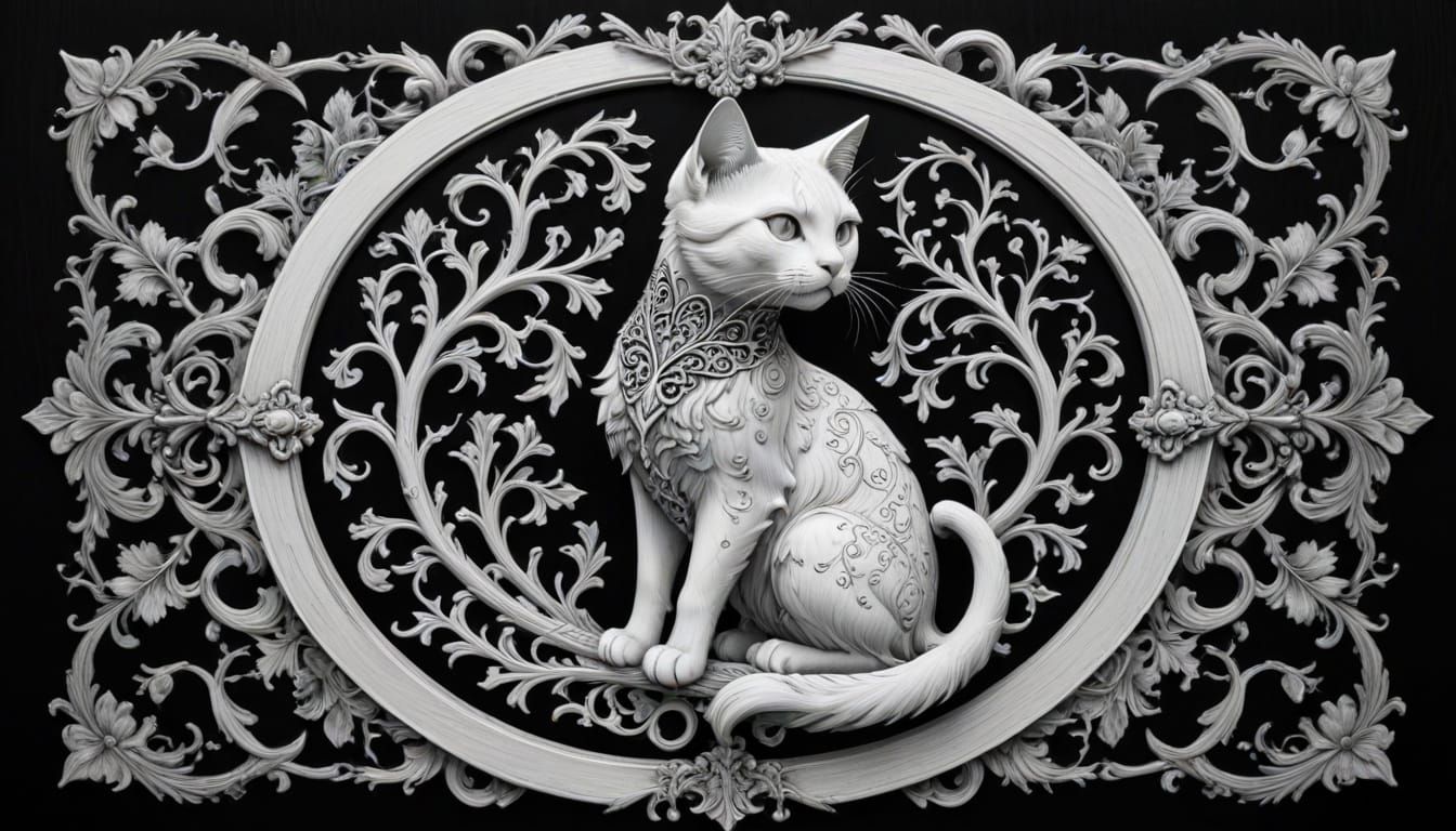 Medieval Ornate Sigil with Cat-Girls in Black and White