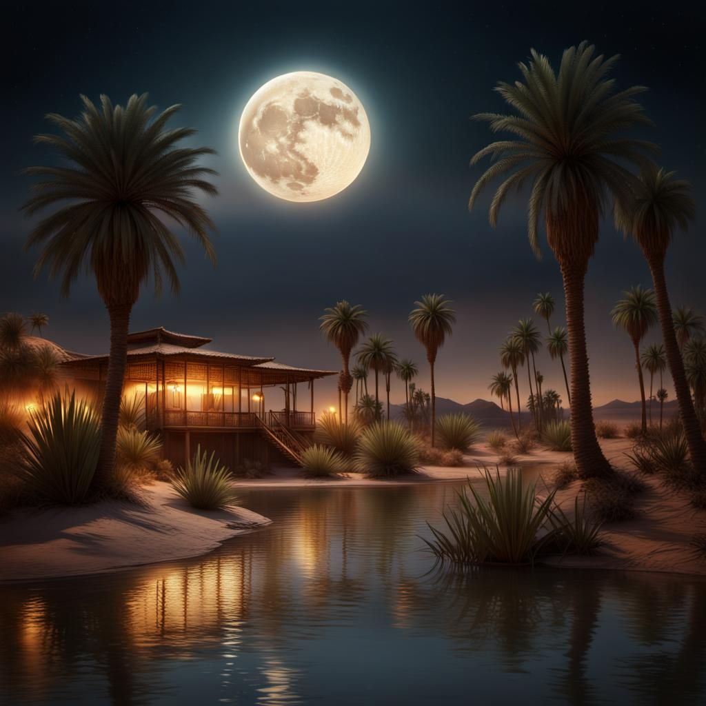 Moonlit Desert Oasis: Cinematic Digital Painting