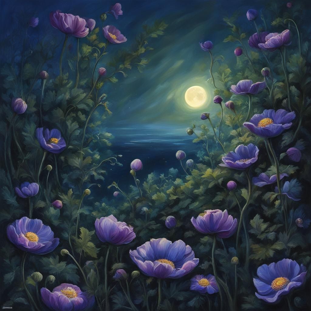 Luminous Anemone Oil Painting Under Super Moon