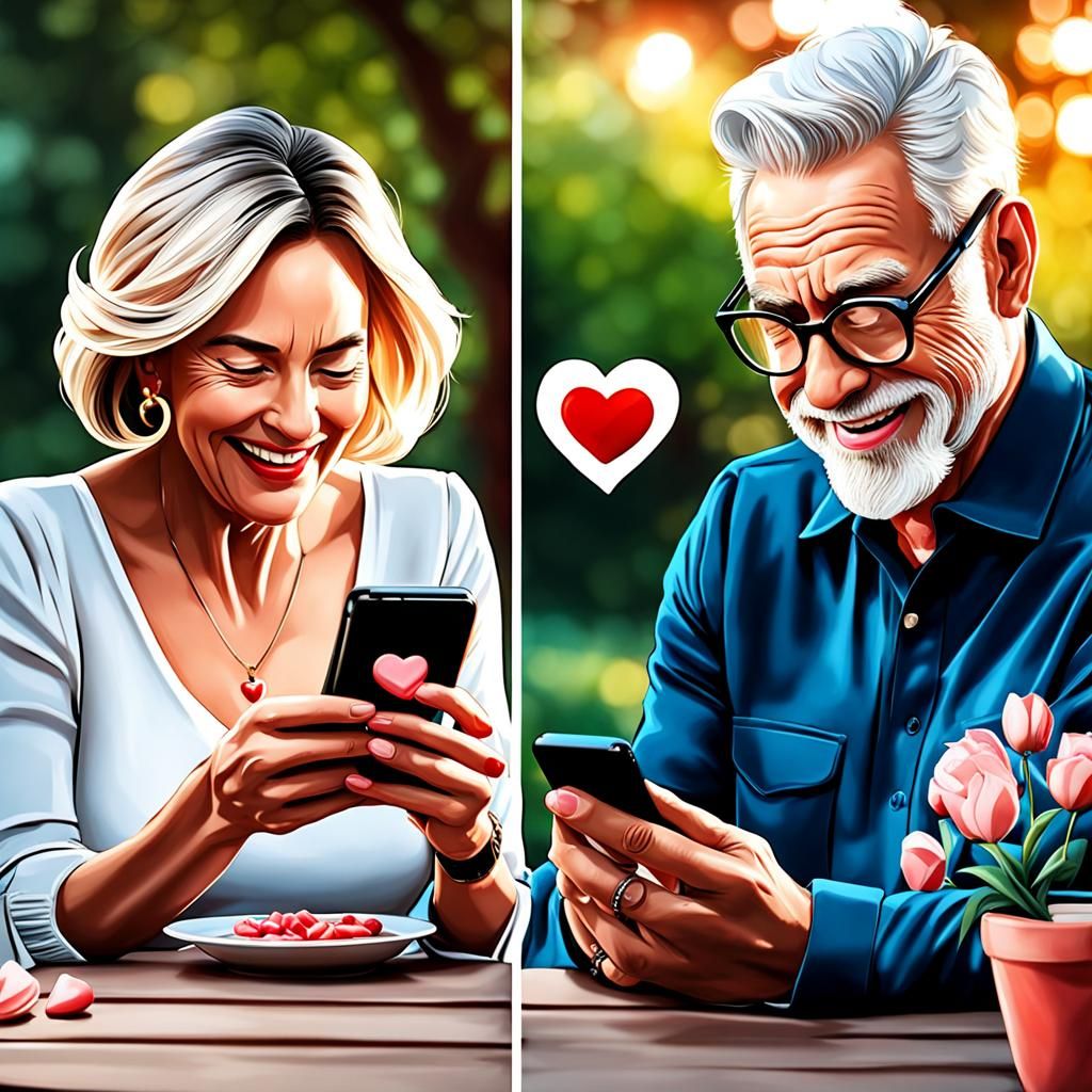 Hyperrealistic Split-Screen of Elderly Couple Texting