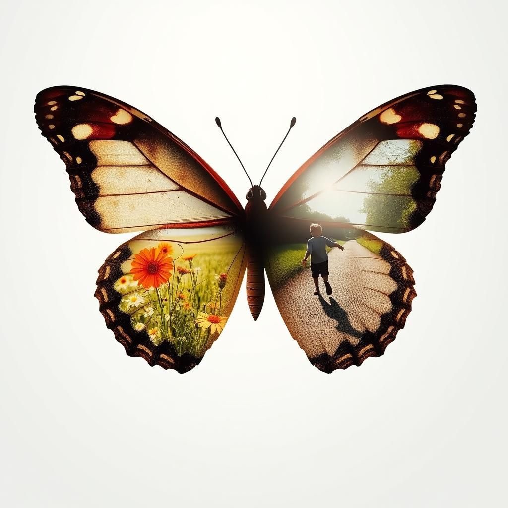 Butterfly Double Exposure with Floral Field and Sunny Path