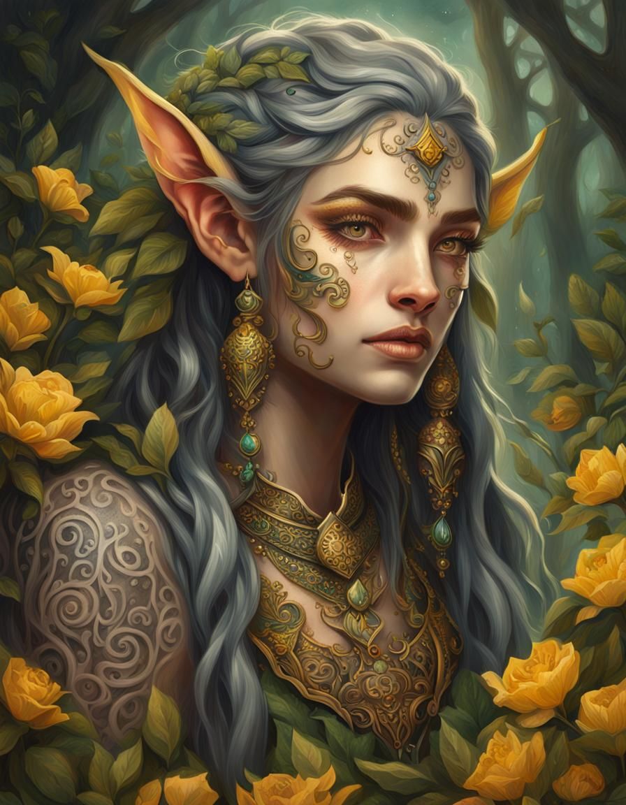 Beautiful Forest Elf Portrait with Ornate Tattoos