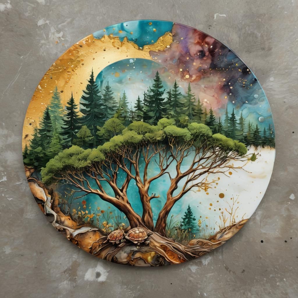 Miniature Forest on Tortoise Shell with Moon