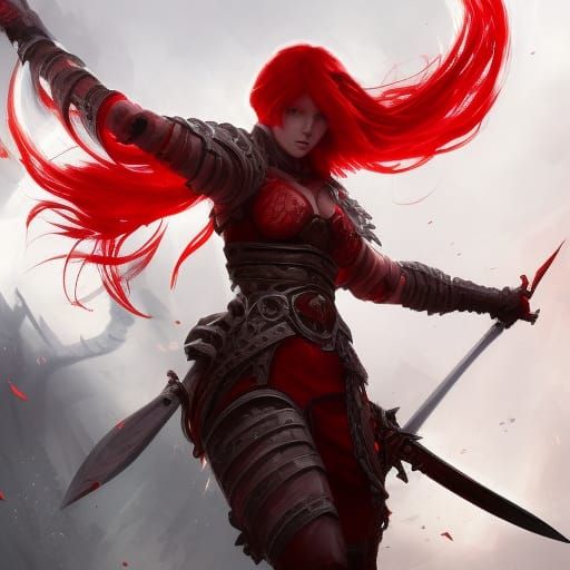 Red-Suited Warrior Woman with Sword, Hyperdetailed Art
