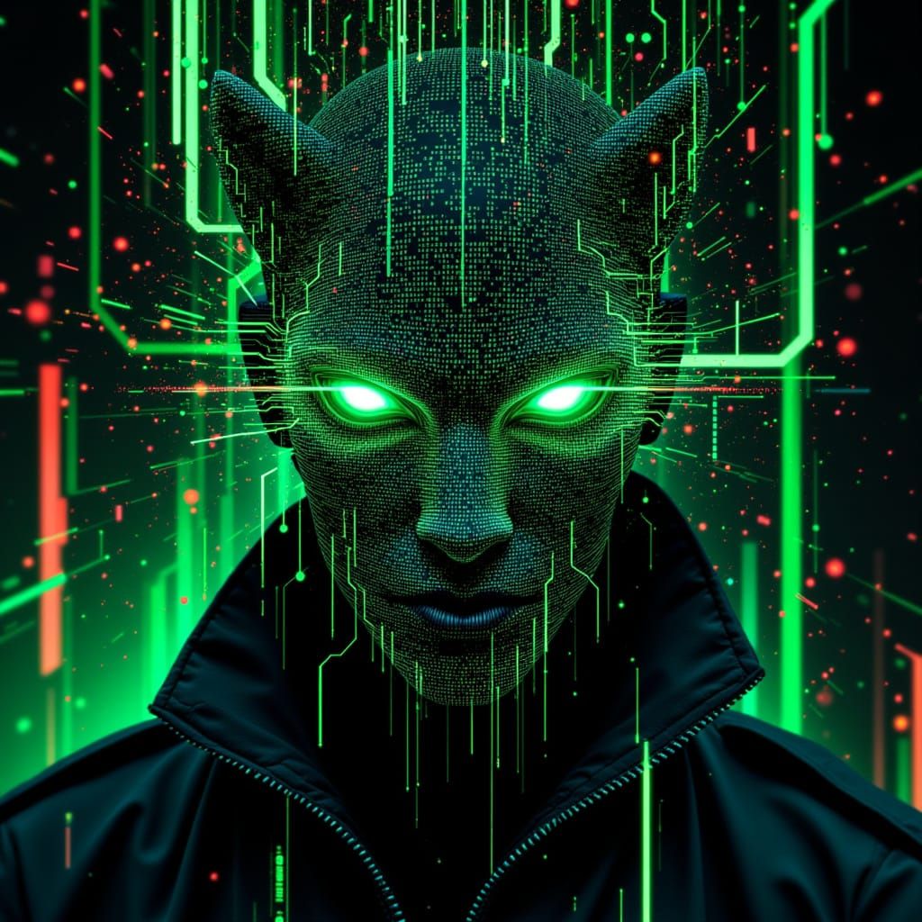 Netrunner's Data Lion Face in Cyberpunk Style