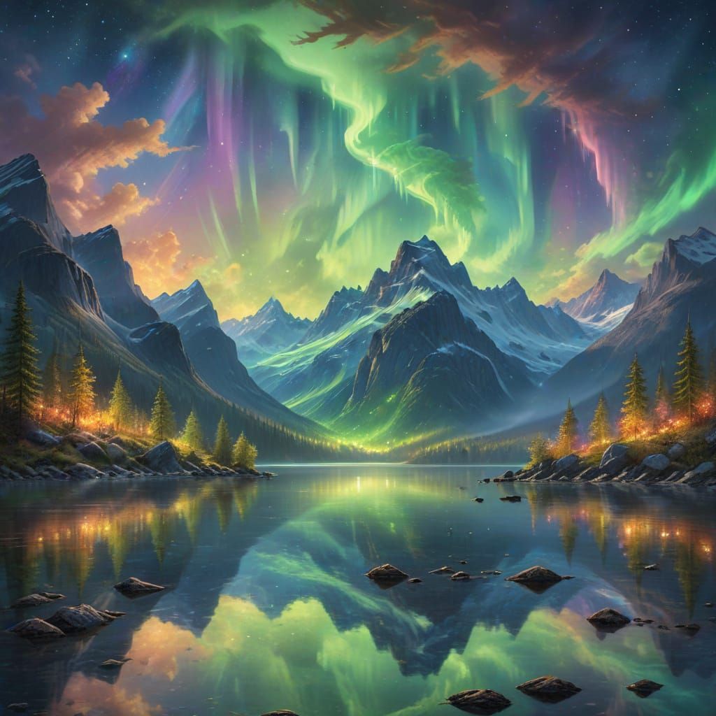 Aurora Borealis Over Mountain Lake in Surreal Style