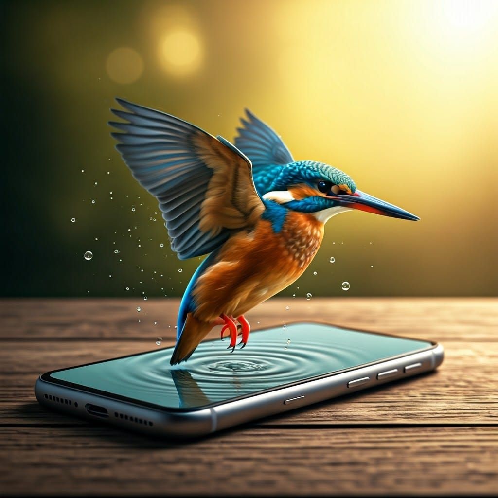 Kingfisher Leaps From iPhone Screen: Hyperrealistic Digital ...