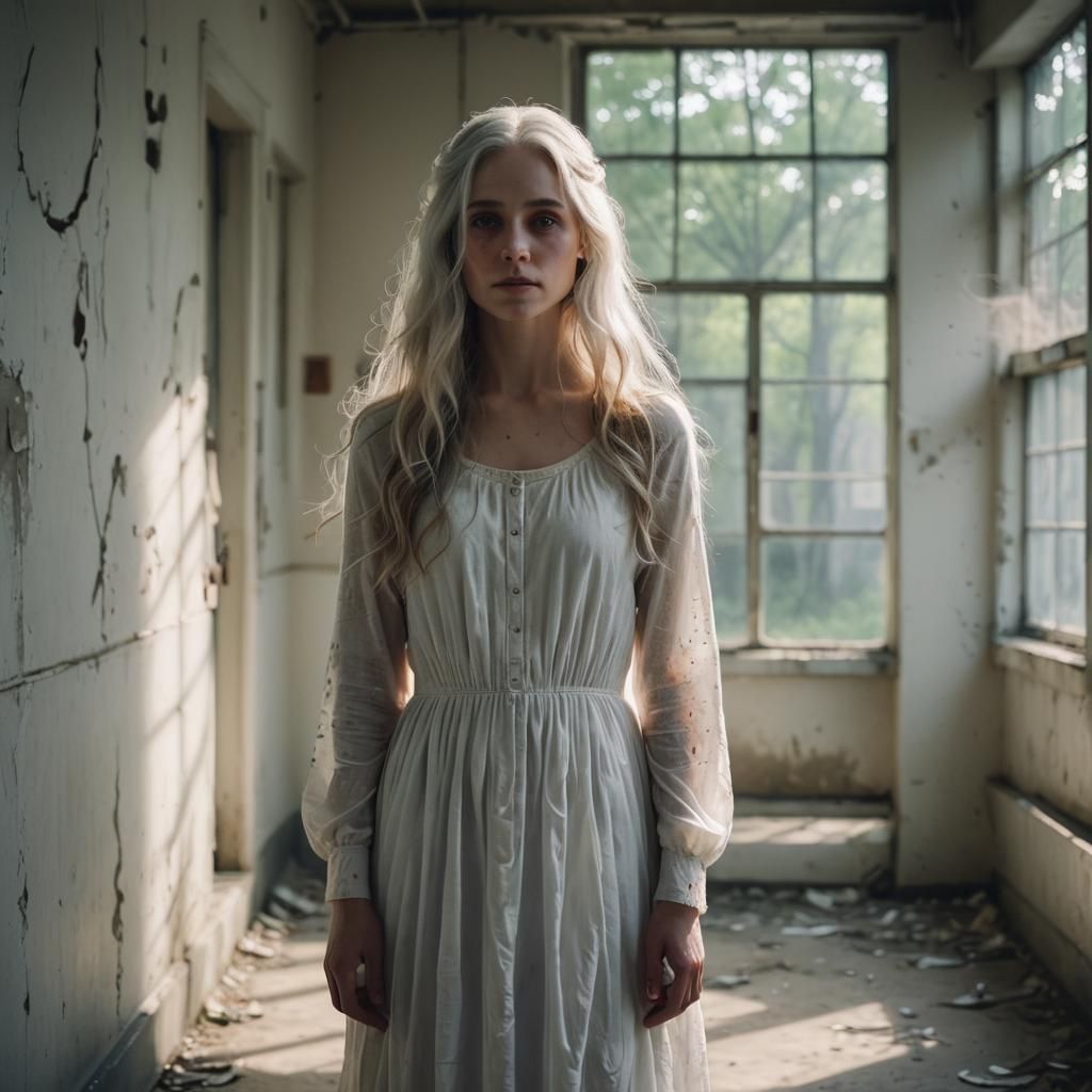 Ethereal Woman in Abandoned Hospital Corridor