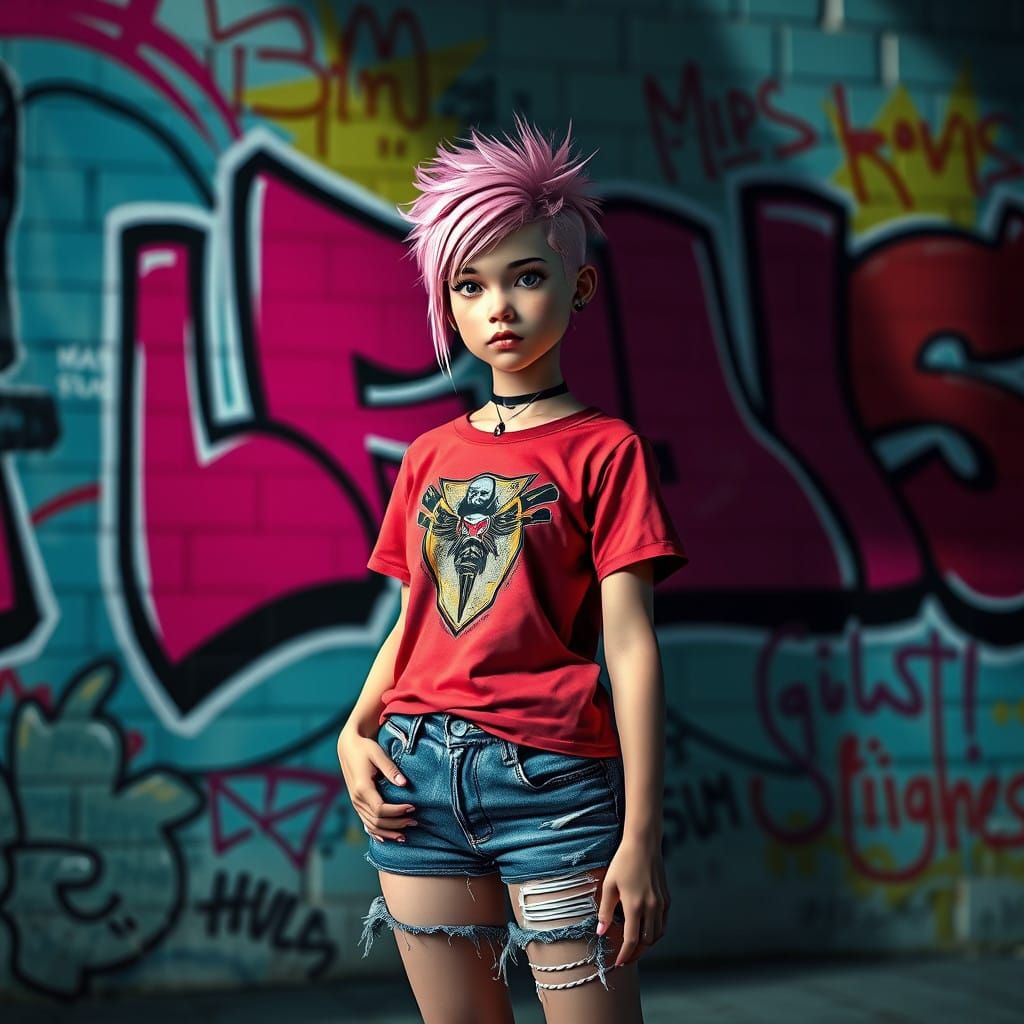 Fearless Girl in Vibrant Graffiti-Lit Futuristic City