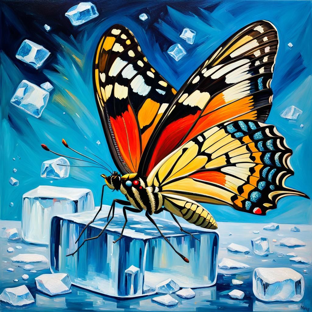 Tropical Butterfly on Ice, Neo-Impressionist Oil Painting