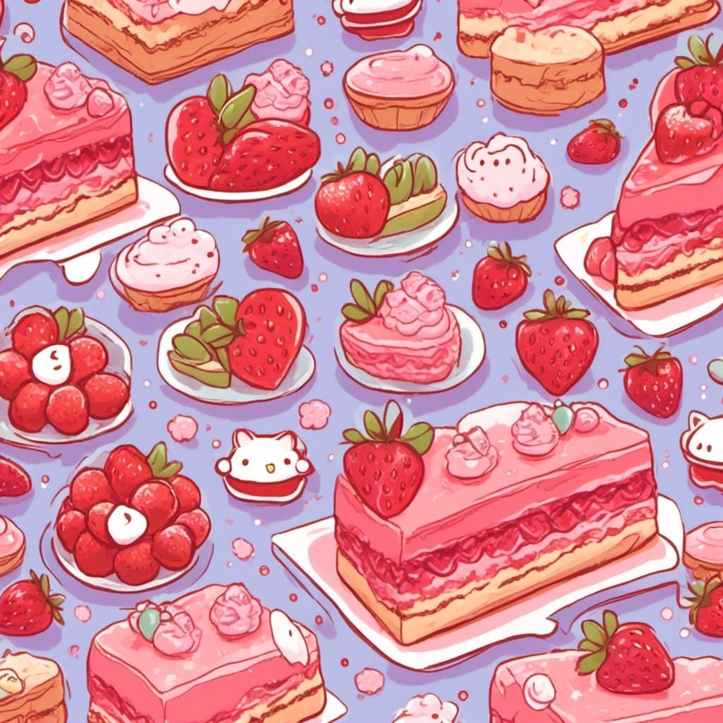 Kawaii Strawberry Dessert Stickers in Anime Style