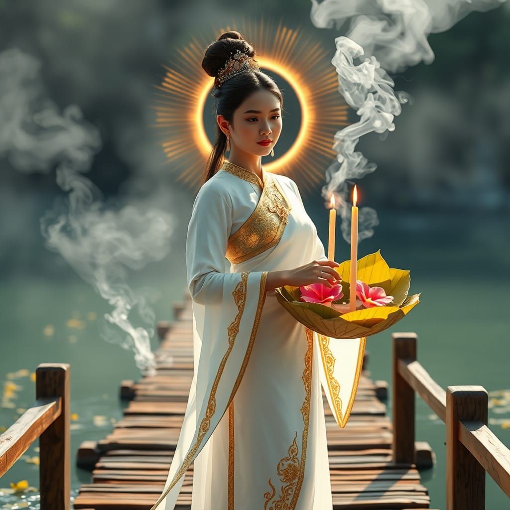 Woman in Traditional Thai Dress with Krathong