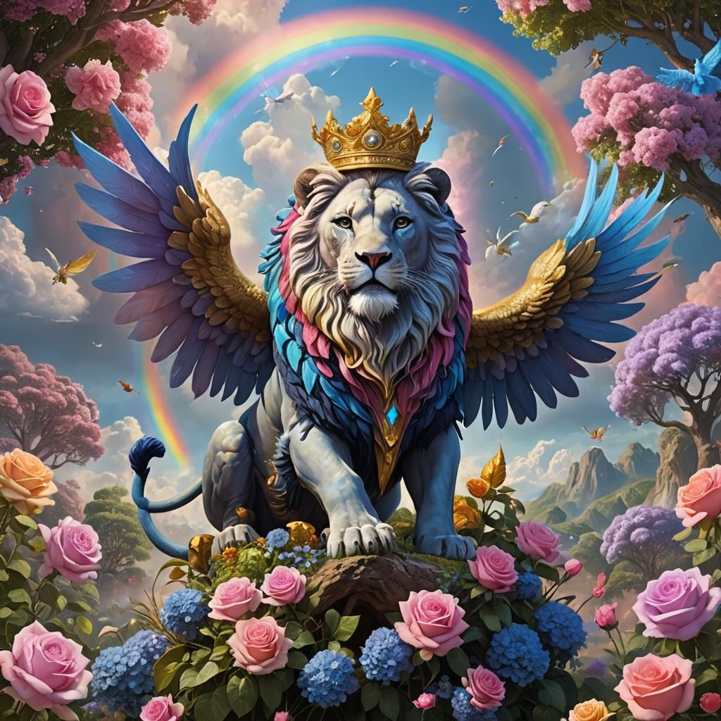 Blue Lion Soaring Through Rainbow Sky: Fantasy Art