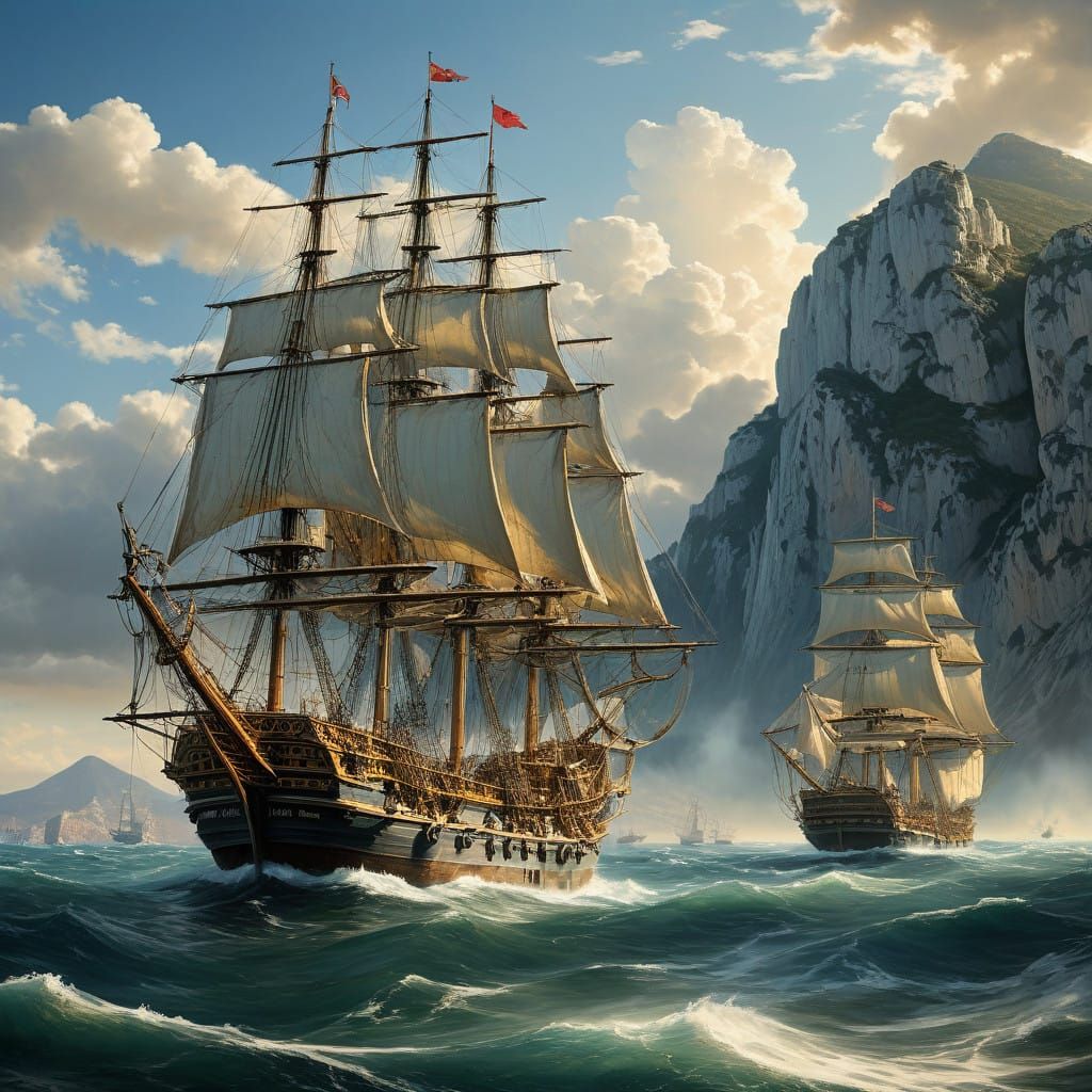 Spanish Galleons Under Gibraltar's Majestic Rock