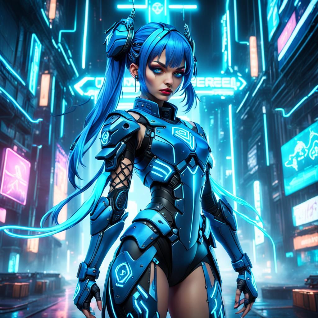 Neon Cyber Girl: Detailed Matte Painting