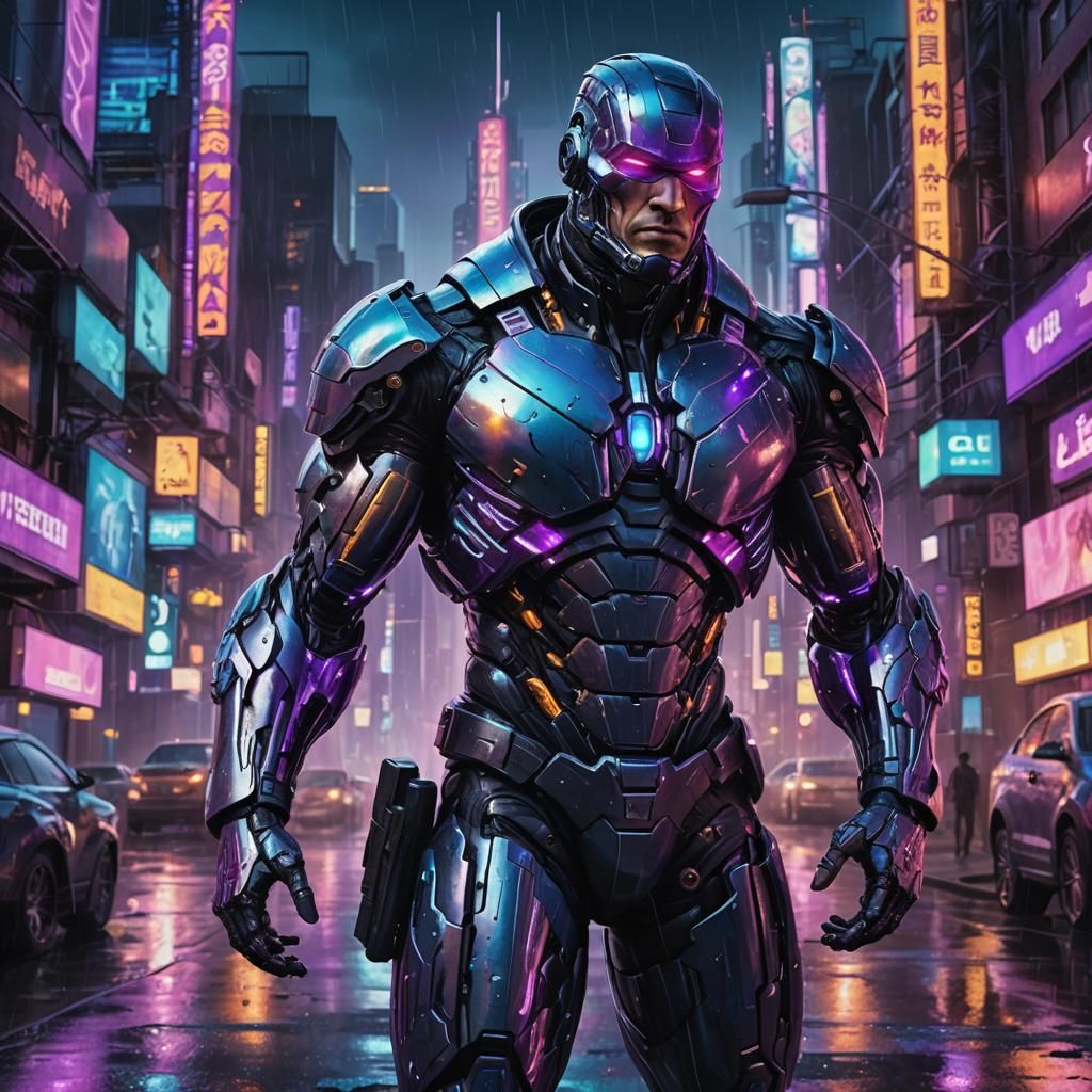 Cyborg Cop in Futuristic Cityscape: Digital Art