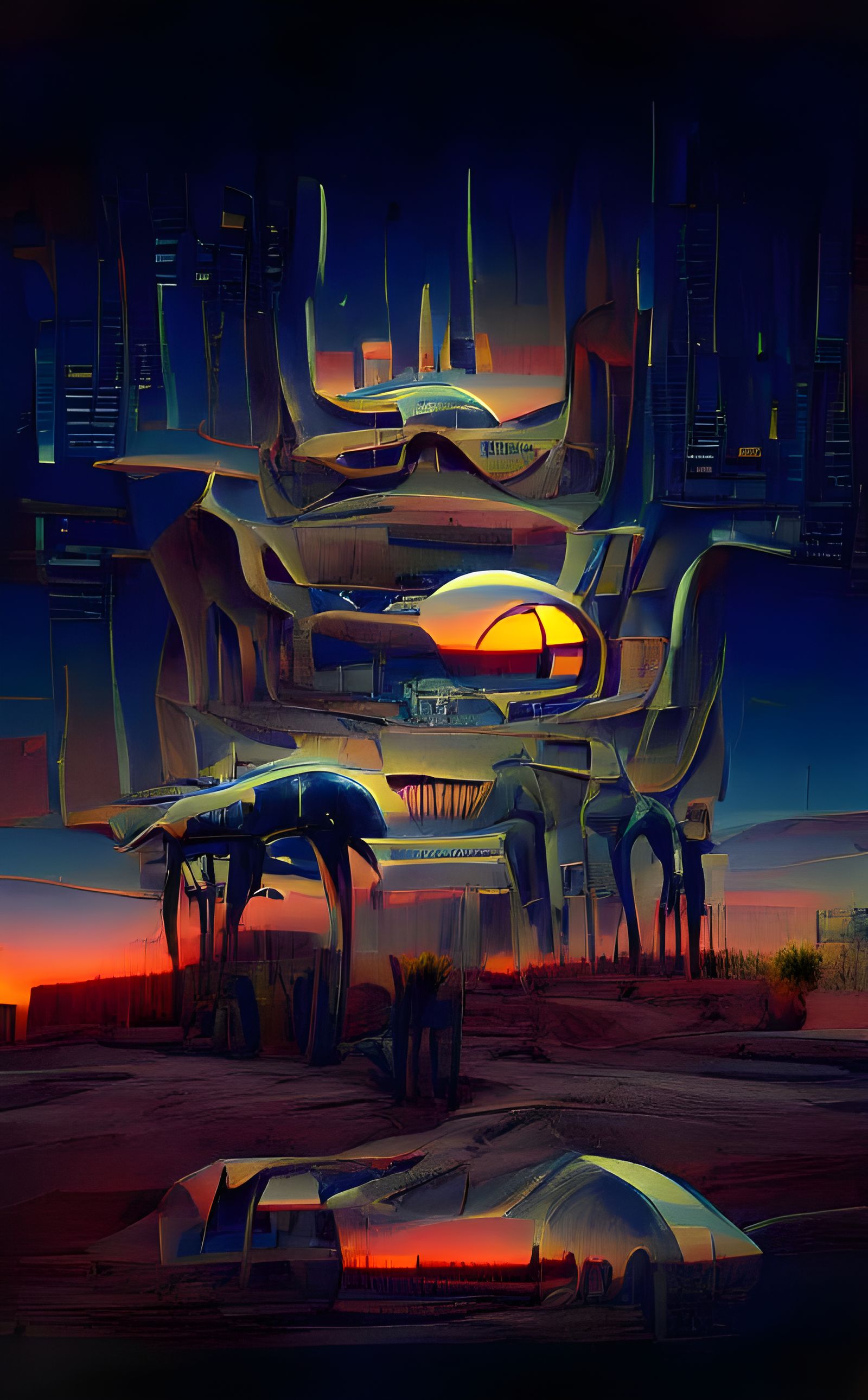 Futuristic Desert Settlement at Sunset in Biomechanical Styl...