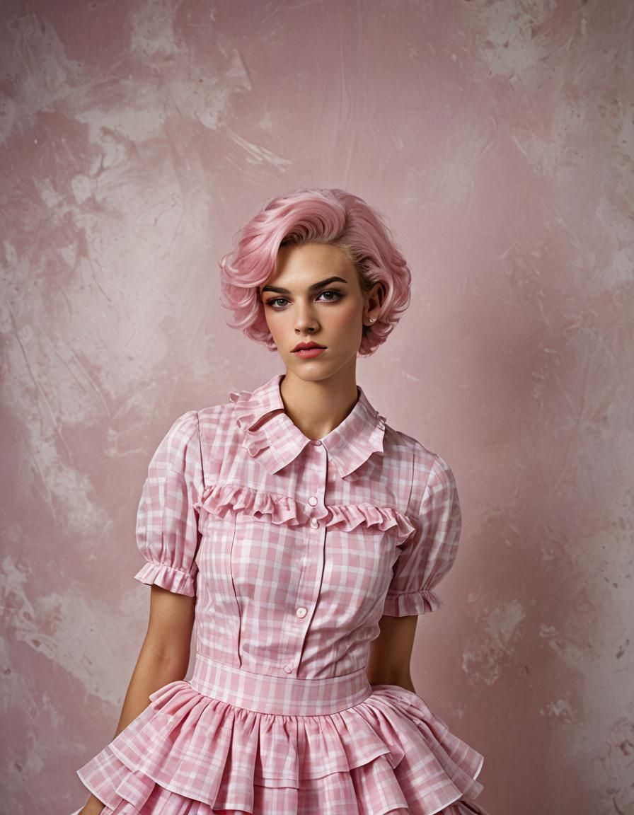 Muscular Boy Crossdressing in Pink Dress: Professional Portr...