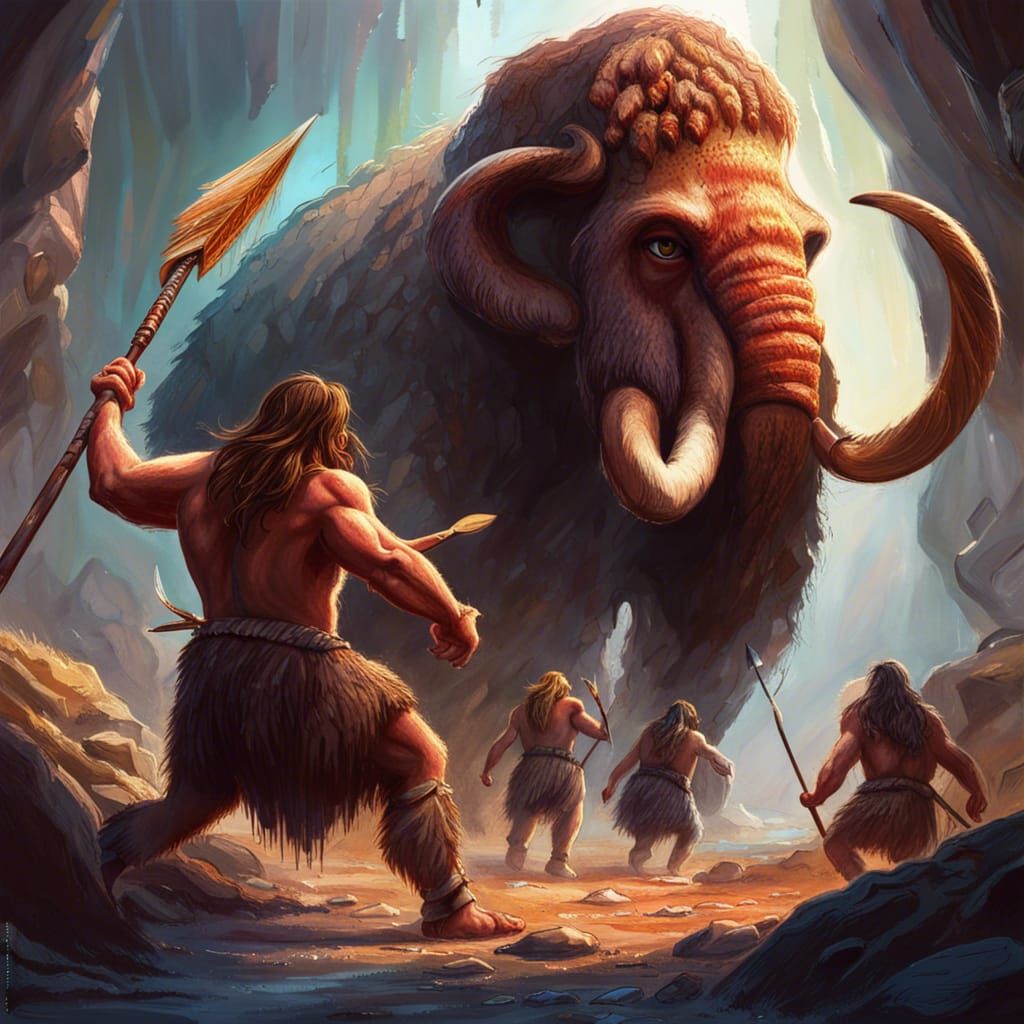 Cavemen Hunting Mammoth: Hyperrealistic Concept Art