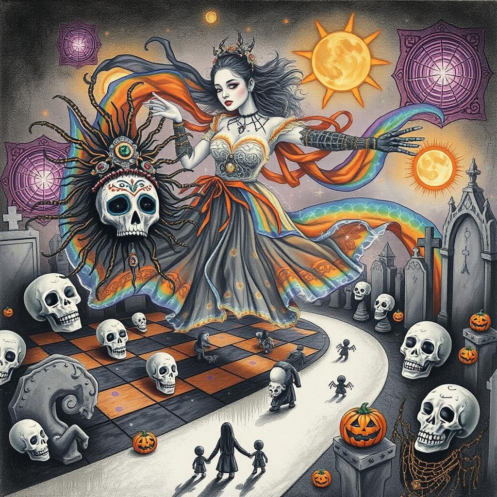 Mystical Sugar Skull Woman Dances on Halloween Chessboard