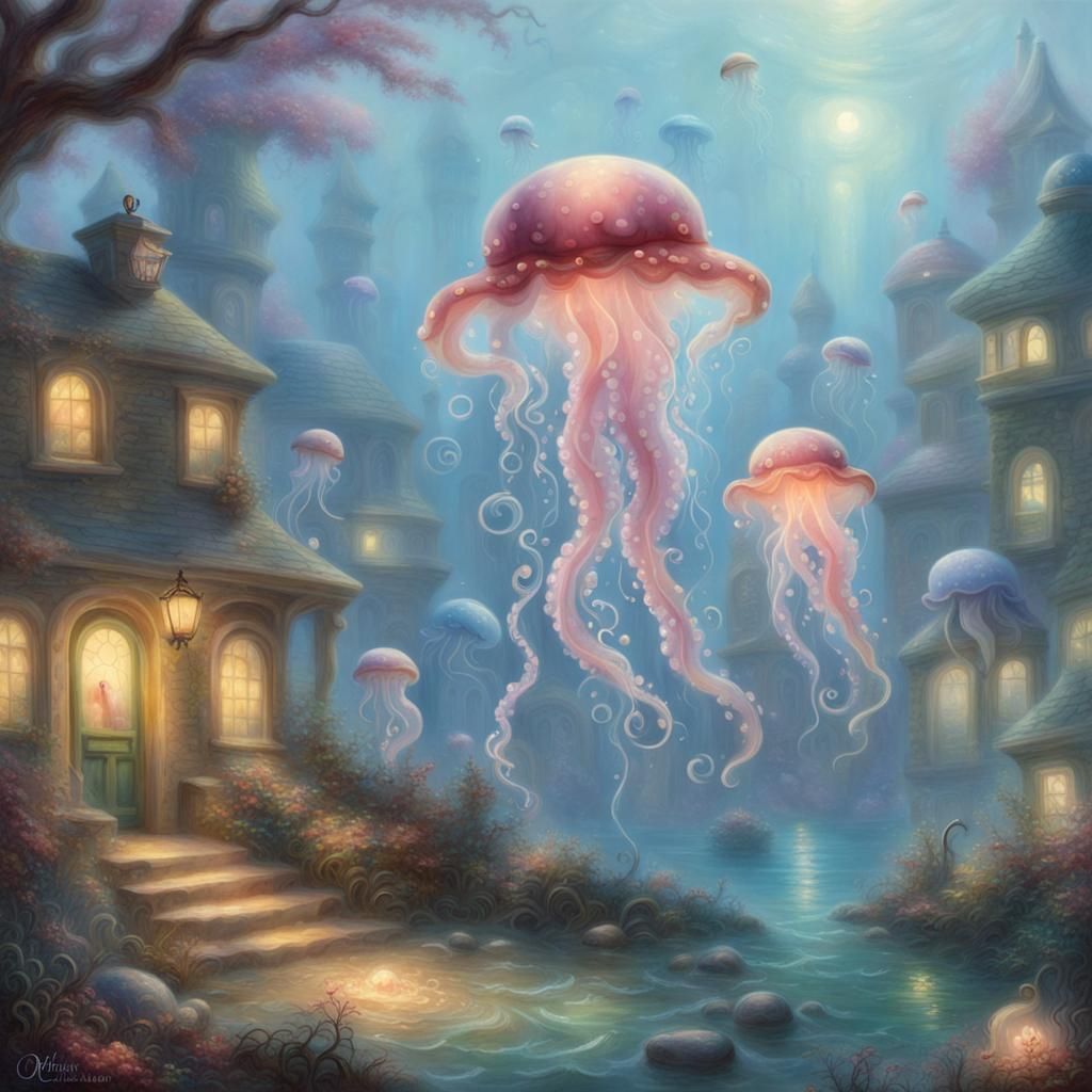 Cute Jellyfish and Octopus in Ethereal Underwater Scene