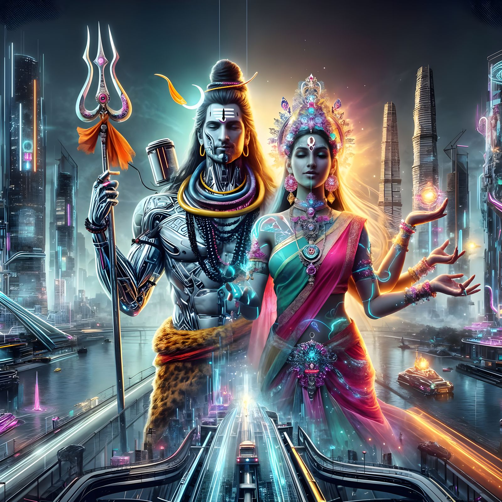 Cyberpunk Divine Couple Shiva and Parvati