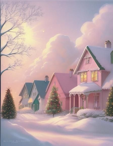 Pastel Pink Winter Village Christmas Card Scene