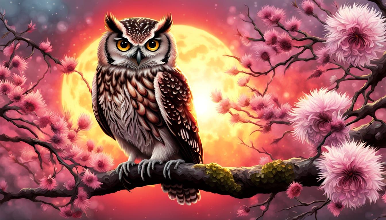 Whimsical Owl in Cherry Blossom Glory, in Impressive Fine Ar...