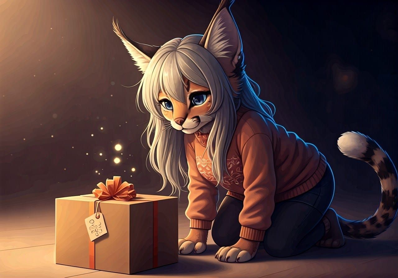 Whimsical Gift-Giving Caracal in Pastel Fantasy