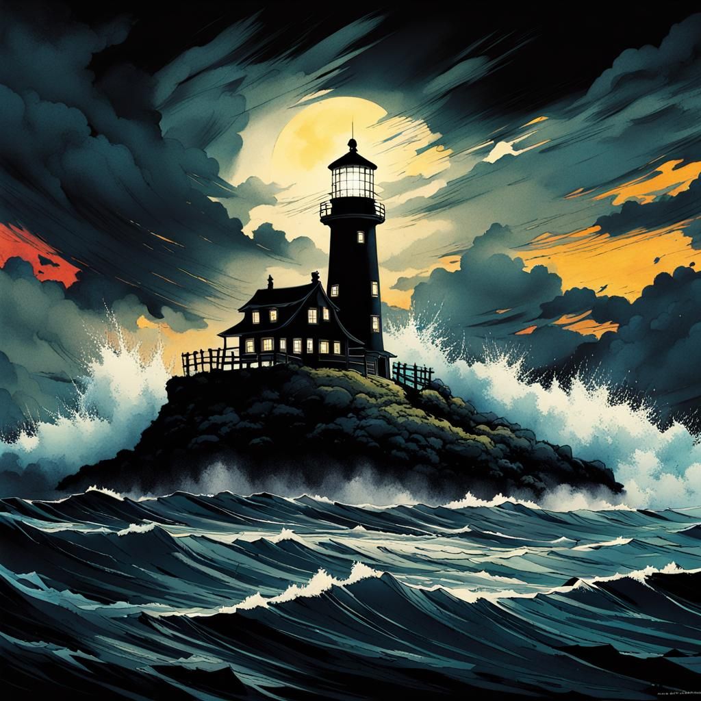 Lighthouse on Stormy Night in Anime Style