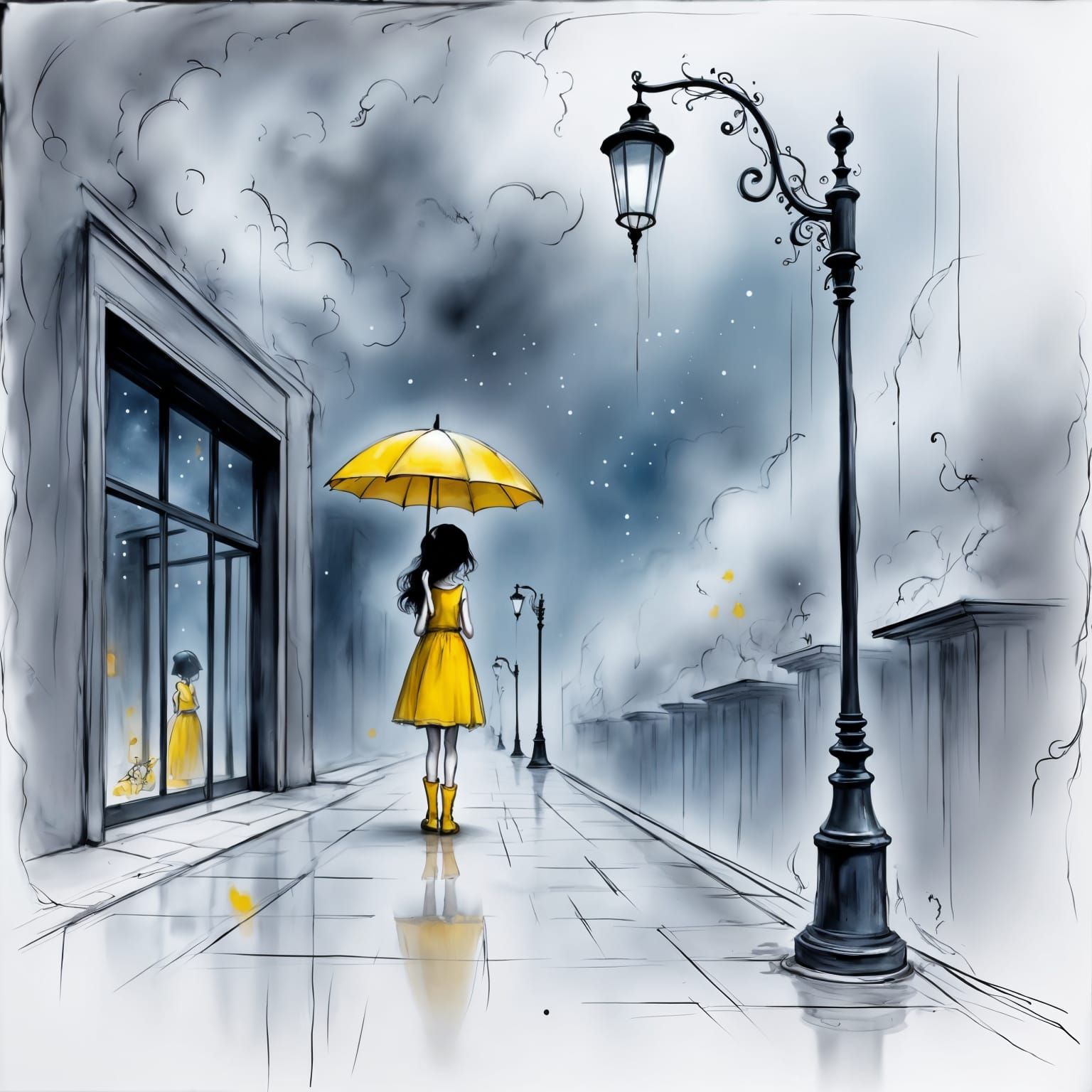 Girl in Modern City Rain, Ink Drawing in Intricate Style