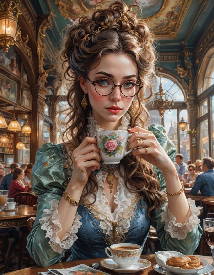 Romantic Fairytale: Woman in Cafe, Digital Rococo Art