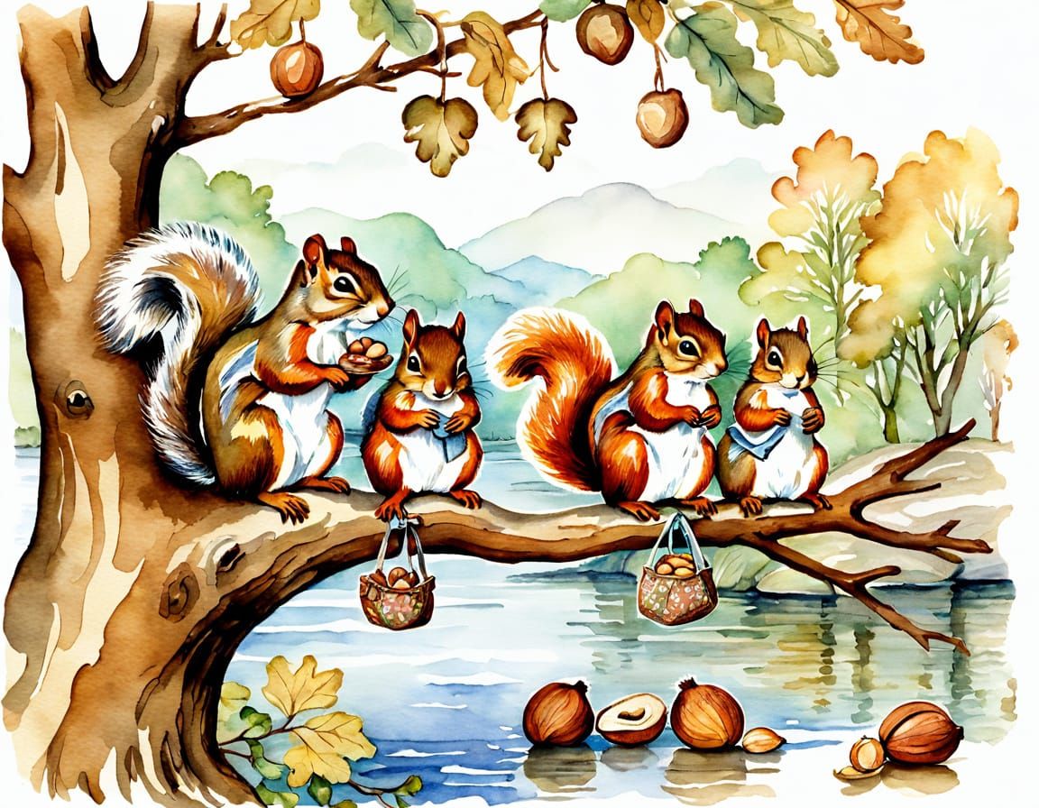 Cute Squirrels in a Dreamy Watercolor Scene