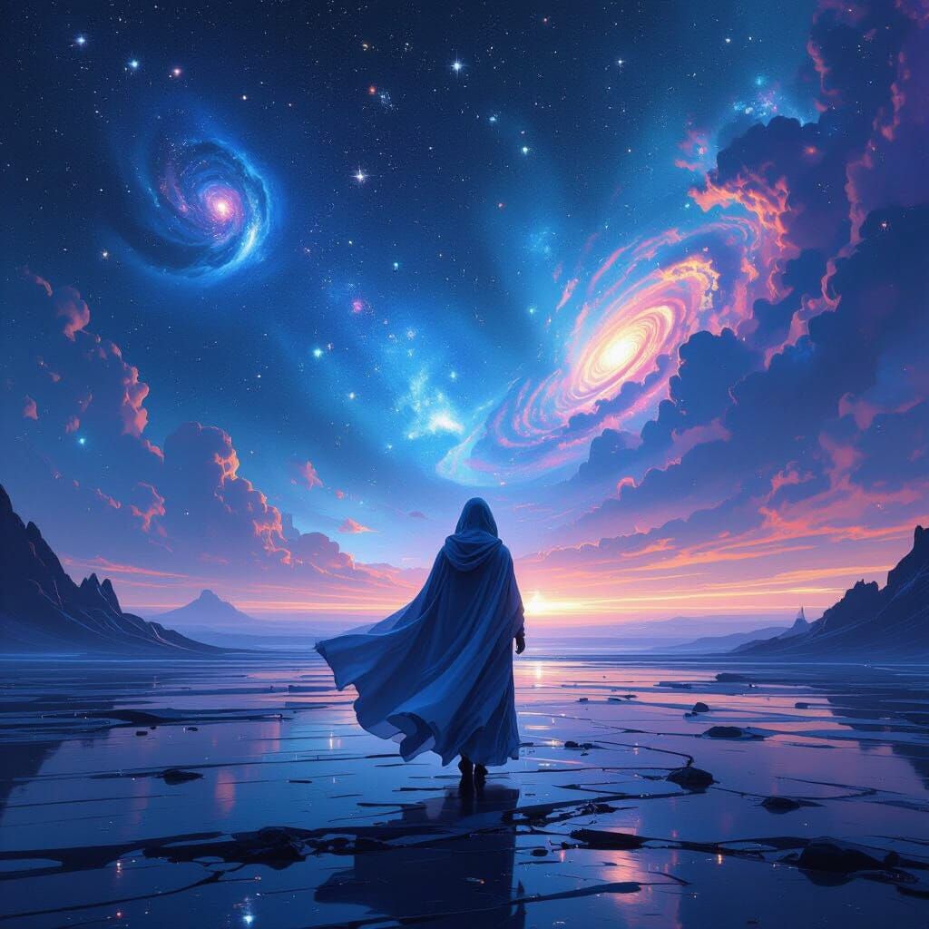 Ethereal Figure Stepping into Starry Expanse