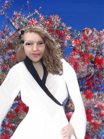 Hanfu Dress with Red Flowers Under Blue Sky