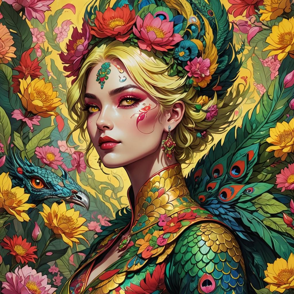 Dragon Peacock Woman in Vibrant Comic Book Art