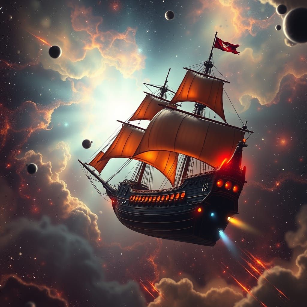 Celestial Pirate Ship Navigating Cosmic Treasure Nebula