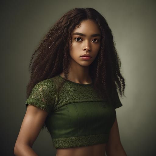Woman in Green Crop Top, Hyperrealistic Image