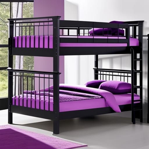 Ethereal gothic purple bunkbeds& with ethereal gothic black wooden bed frame& purple blankets& black pillows& ethereal v...