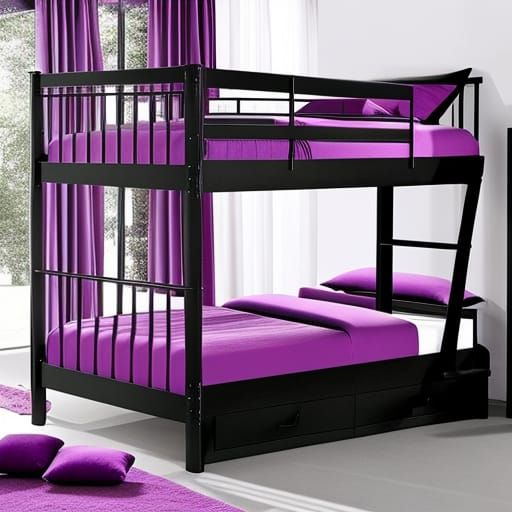 Ethereal gothic purple bunkbeds& with ethereal gothic black wooden bed frame& purple blankets& black pillows& ethereal v...