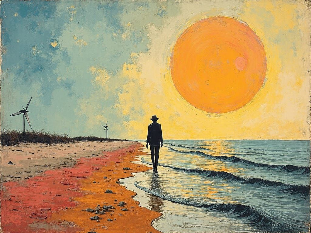 Surreal Woodcut of a Wadden Sea Walker