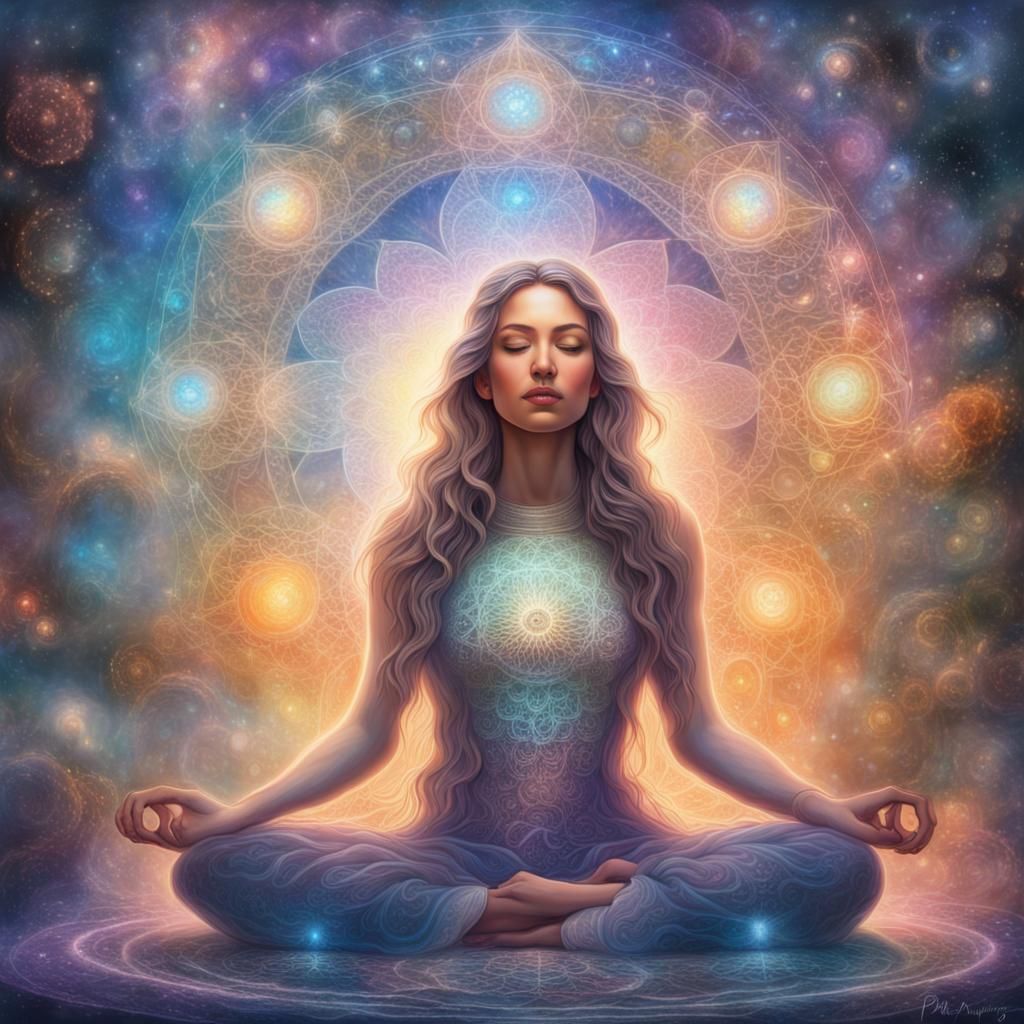 Woman Meditating in Holographic Astral Style