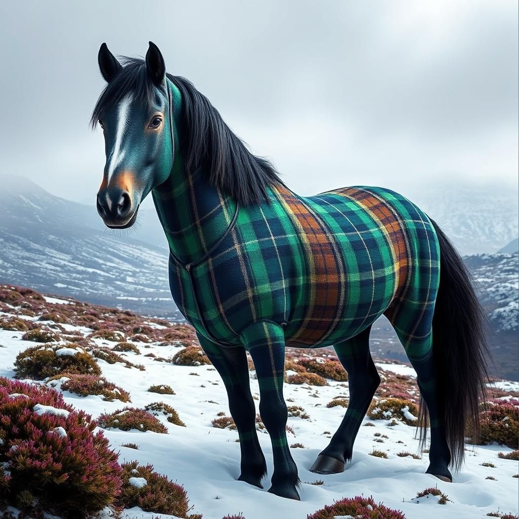 Tartan Horse in Snowy Scottish Highlands